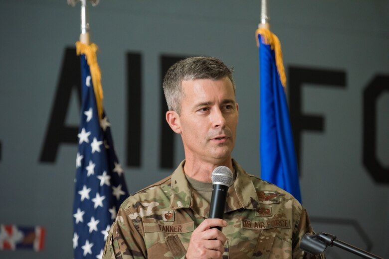 Colonel Richard Tanner, 22nd Air Refueling Wing commander, speaks at the nose art unveiling ceremony in honor of the city of Derby’s 150th anniversary Oct. 2, 2019, at McConnell Air Force Base, Kan. Local community leaders and members of Team McConnell took part in the event, celebrating both their partnership and a timeless tradition of aviation history. (U.S. Air Force photo by Senior Airman Skyler Combs)