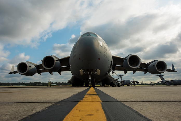 A U.S. Air Force C-17 Globemaster III assigned to the 437th Airlift Wing, is parked on the flight line Sept. 26, 2019 at Joint Base Charleston, S.C. The C-17 Globemaster was prepped by maintenance Airmen before taking off for a training mission. Training missions allow aircrew to maintain currency, training and evaluations in all flying requirements. These training capabilities allow 14th Airlift Squadron Aircrew members to enhance rapid global mobility anytime, anywhere.