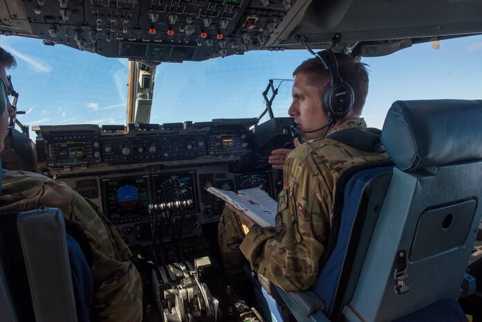 U.S. Air Force Maj. Clark Belfanti, a C-17 Globemaster III pilot assigned to the 14th Airlift Squadron, speaks to his co-pilot during a local training mission Sept. 26, 2019, over South Carolina. Training missions allow aircrew to maintain currency, training and evaluations in all flying requirements. These training capabilities allow 14th AS Aircrew members to enhance rapid global mobility anytime, anywhere.