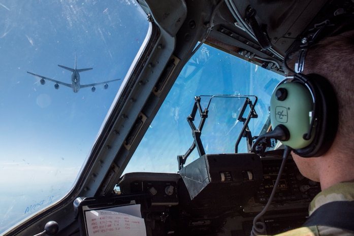 U.S. Air Force Capt. Matthew Spretnjak, a C-17 Globemaster III pilot assigned to the 14th Airlift Squadron, approaches a KC-135R Stratotanker to receive fuel during a training flight Sept. 26, 2019, over South Carolina. Training missions allow aircrew to maintain currency, training and evaluations in all flying requirements. These training capabilities allow 14th AS Aircrew members to enhance rapid global mobility anytime, anywhere.