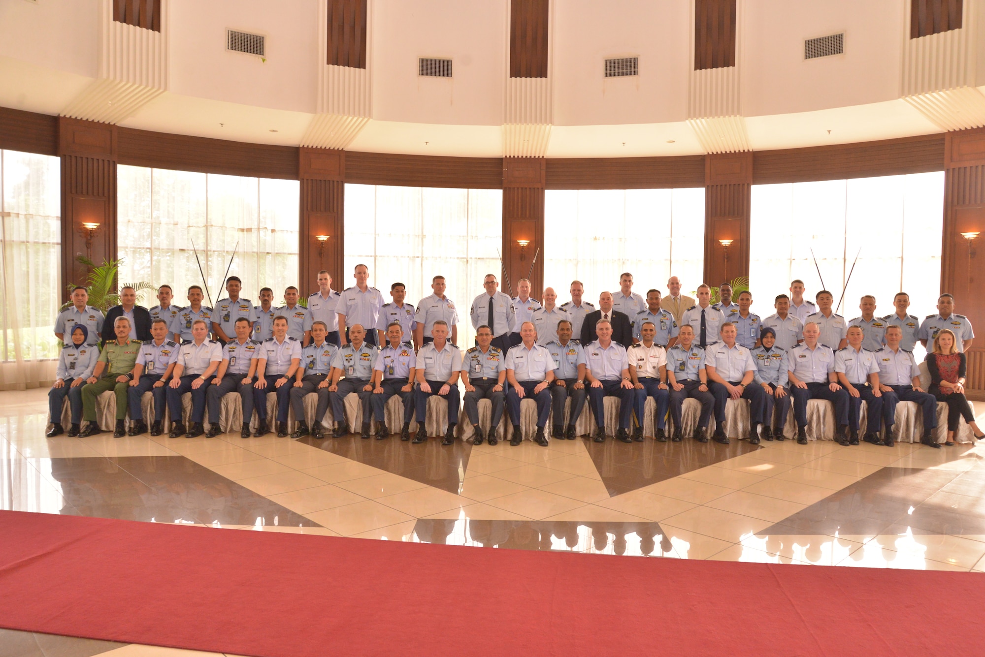 Pacific Air Forces, Washington National Guard, and Royal Malaysian air force Airmen pose for a group photo during PACAF-RMAF Airman-to-Airman talks at Wisma Perwira, Kuala Lumpur, Malaysia, Sept. 4-5, 2019. The objectives of the A2A Talks were to strengthen the relationship between PACAF and RMAF, via face-to-face dialogue, to review the effectiveness of the exercise and engagement program, and to strengthen interoperability. (Courtesy photo)