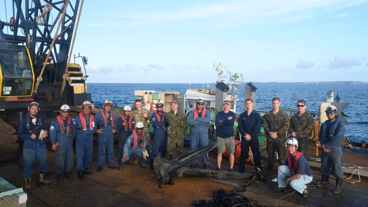 Marines and Sailors with 3rd Reconnaissance Battalion, 3rd Marine Division, worked with the U.S. Navy and Okinawan military contractors to salvage a lost anchor off shore of White Beach, Okinawa, Japan, Sept. 26, 2019. 3rd Marine Division was able to utilize its training and assets in order to recover the anchor and return to port in a safe and operational condition.

(U.S. Marine Corps Photo by Cpl. Kallahan Morris)