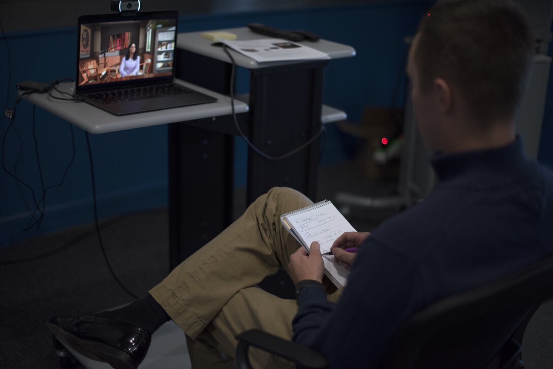A Flight Commander Course student takes notes during a live simulation – mixing reality leadership experience with artificial intelligence on Joint Base McGuire-Dix-Lakehurst, New Jersey, Sept. 27, 2019. Instructors included the simulation into the course to allow flight commander’s the opportunity to utilize the tools such as emotional intelligence, feedback and First Sergeants. (U.S. Air Force photo by Airman 1st Class Ariel Owings)