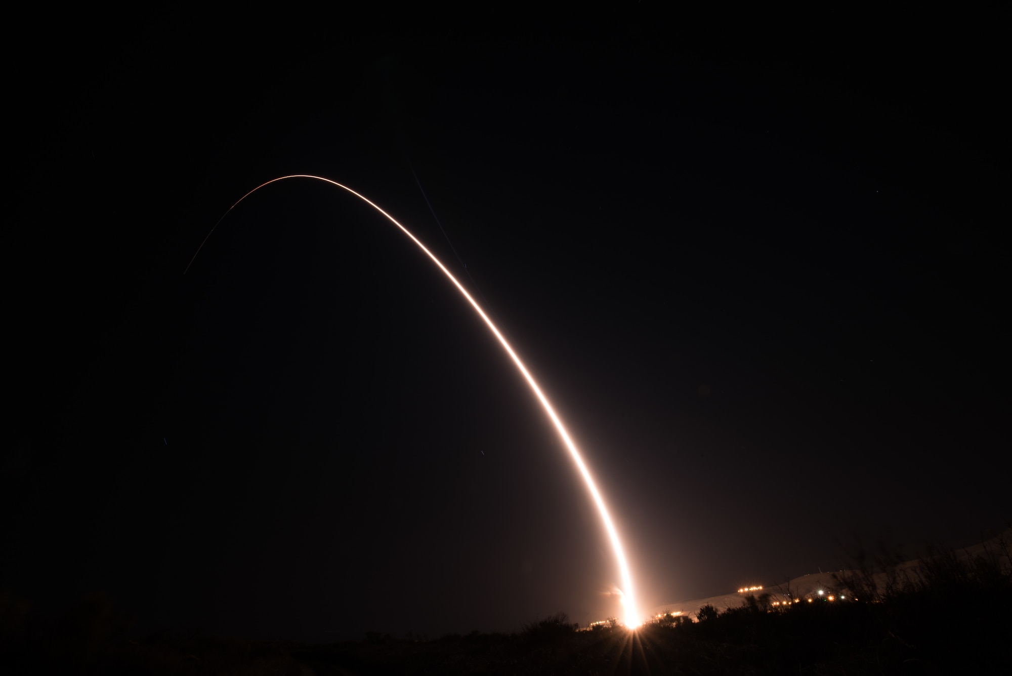 An unarmed Minuteman III intercontinental ballistic missile launches during an operational test at 1:13 a.m. Pacific Time Oct. 2, 2019, at Vandenberg Air Force Base, Calif. (U.S. Air Force photo by Michael Peterson)