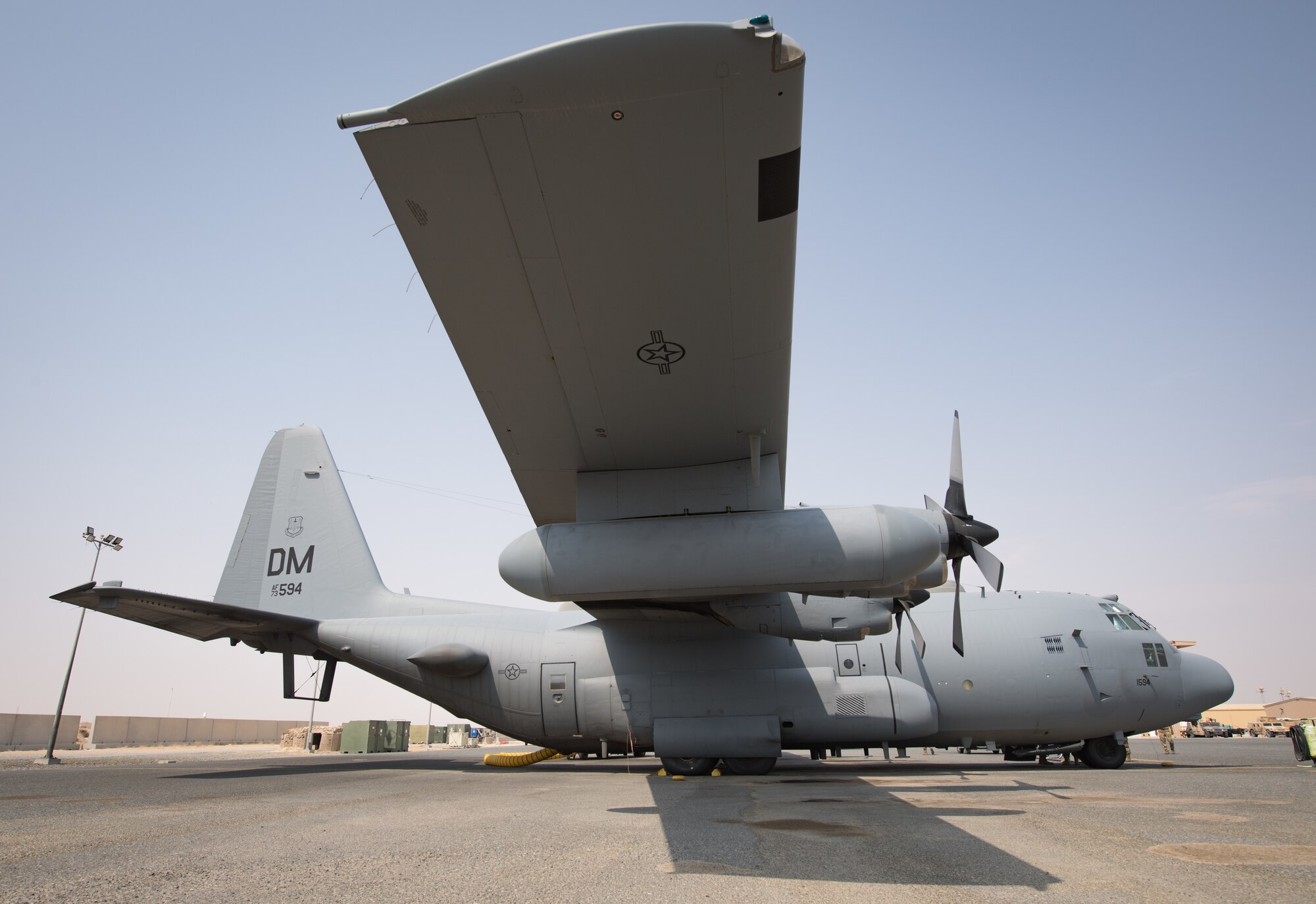 A U.S. Air Force EC-130H Compass Call aircraft awaits departure at Ali Al Salem Air Base, Kuwait, Oct. 2, 2019. The aircraft's departure coincides with the inactivation of the 43rd Expeditionary Electronic Combat Squadron on Sept. 30, 2019. (U.S. Air Force photo by Tech. Sgt. Daniel Martinez)