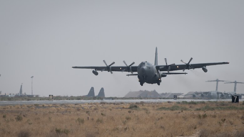 A U.S. Air Force EC-130H Compass Call aircraft lifts off to depart Ali Al Salem Air Base, Kuwait, Oct. 2, 2019. The aircraft's departure coincides with the inactivation of the 43rd Expeditionary Electronic Combat Squadron on Sept. 30, 2019. (U.S. Air Force photo by Tech. Sgt. Daniel Martinez)