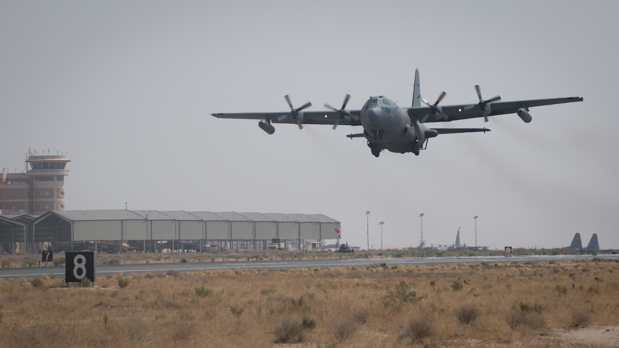 A U.S. Air Force EC-130H Compass Call aircraft lifts off to depart Ali Al Salem Air Base, Kuwait, Oct. 2, 2019. The aircraft's departure coincides with the inactivation of the 43rd Expeditionary Electronic Combat Squadron on Sept. 30, 2019. (U.S. Air Force photo by Tech. Sgt. Daniel Martinez)