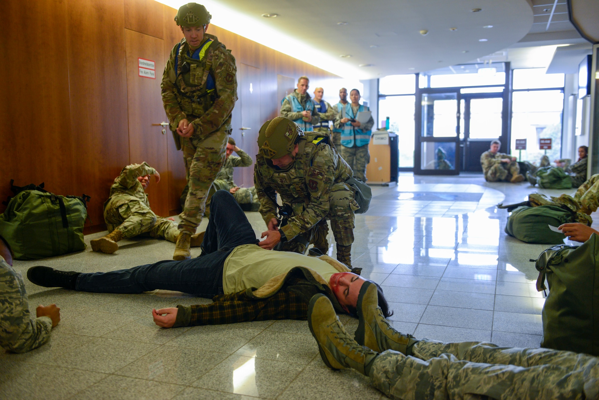 U.S. Airmen assigned to the 86th Security Forces Squadron respond to a mass casaulty exercise during Operation Varsity 19-03 at Ramstein Air Base, Germany, Sept. 25, 2019. Operation Varsity 19-03 was a weeklong exercise designed to test the capabilities of Ramstein Airmen. (U.S. Air Force photo by Tech. Sgt. Timothy Moore)