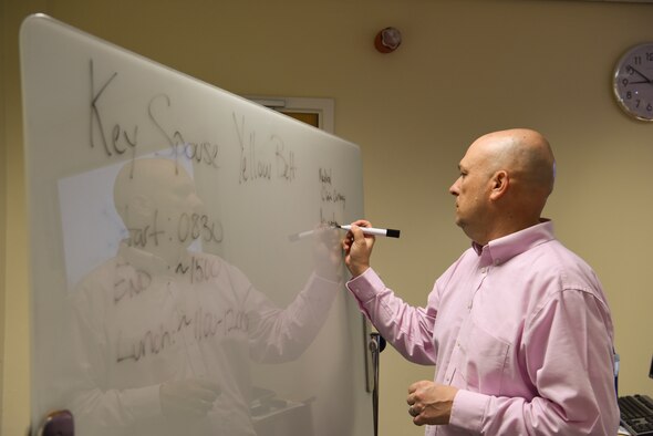 Senior Master Sgt. Stephen Holdenried, 100th Air Refueling Wing continuous process improvement manager, writes down occupations of military spouses during a CPI seminar at RAF Mildenhall, Sept. 26, 2019. The CPI seminar was to inform spouses on key principles of lean, Six Sigma method and business process reengineering. (U.S. Air Force photo by Staff Sgt. Matthew J. Wisher)