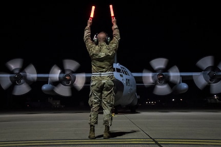Technical Sgt. Spencer Magers, maintainer from the 179th Airlift Wing Maintenance Group, Mansfield, Ohio, conducts post-flight operations during Saber Junction 2019 (SJ19) September 18, 2019, at Ramstein Air Base, Germany. SJ19, an exercise involving nearly 5,400 participants from 16 ally and partner nations and the U.S. Army's Grafenwoehr and Hohenfels Training Areas, is designed to assess the readiness of the U.S. Army's 173rd Infantry Airborne Brigade to execute land operations in a joint environment and to promote interoperability with allies and partner nations.