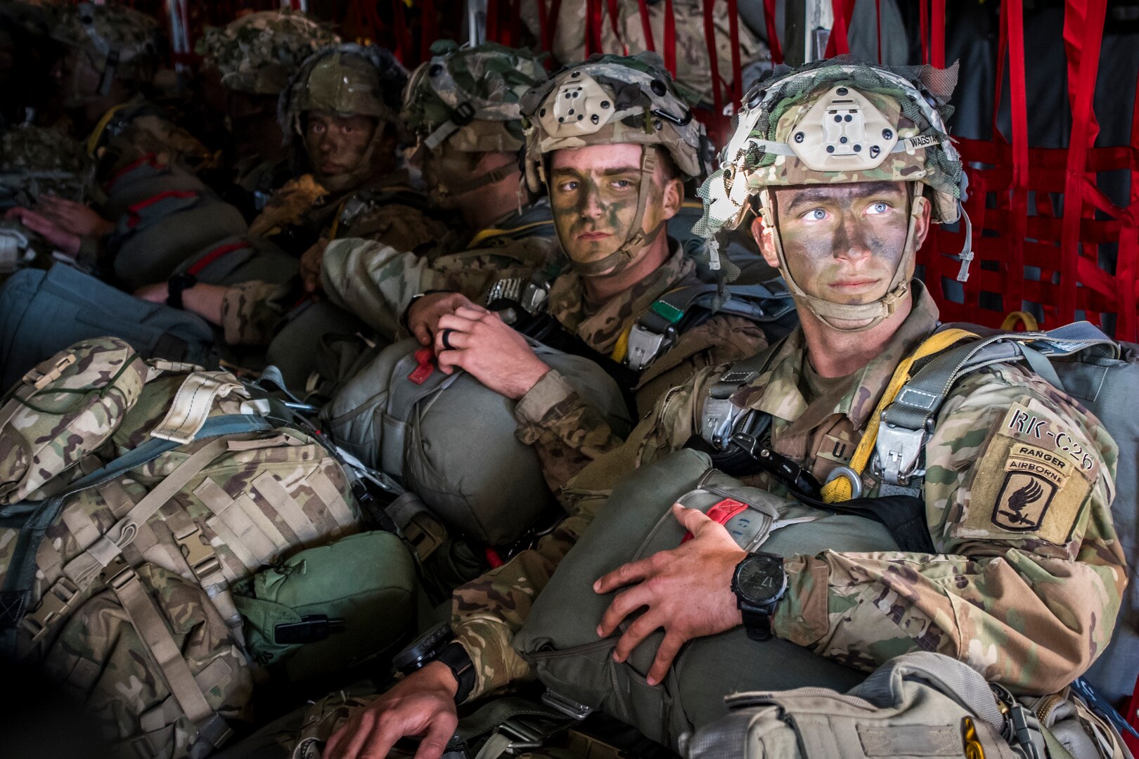 Soldiers from the U.S. Army's 173rd Infantry Airborne Brigade prepare for an airdrop during Saber Junction 2019 (SJ19) September 18, 2019, at Ramstein Air Base, Germany. SJ19, an exercise involving nearly 5,400 participants from 16 ally and partner nations and the U.S. Army's Grafenwoehr and Hohenfels Training Areas, is designed to assess the readiness of the U.S. Army's 173rd Infantry Airborne Brigade to execute land operations in a joint environment and to promote interoperability with allies and partner nations.