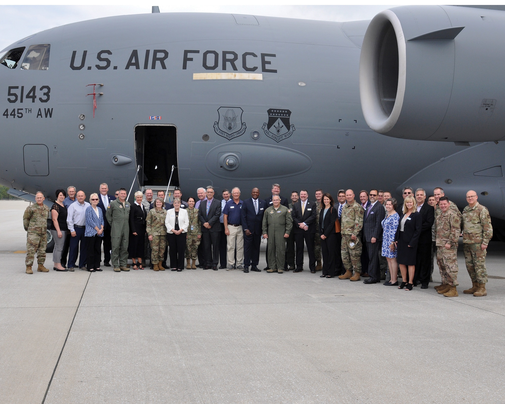 Commanders from 445th Airlift Wing and 655th Intelligence, Surveillance and Reconnaissance Wing pose for a group for with their honorary commanders, Sept. 6, 2019. Eighteen members from the surrounding communities were officially designated as honorary commanders in an official ceremony.