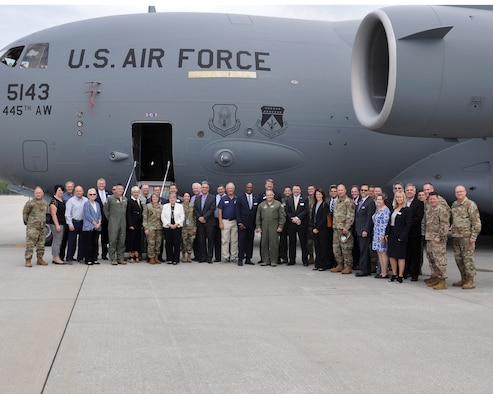 Commanders from 445th Airlift Wing and 655th Intelligence, Surveillance and Reconnaissance Wing pose for a group for with their honorary commanders, Sept. 6, 2019. Eighteen members from the surrounding communities were officially designated as honorary commanders in an official ceremony.