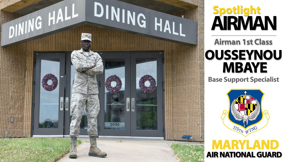 Airman 1st Class Ousseynou Mbaye, a base support specialist assigned to the 175th Force Support Squadron, Maryland Air National Guard, poses for a photo July 3, 2019 at Martin State Airport, Middle River, Md. Mbaye enlisted in the MDANG in October 2017 and would like to serve at least 20 years.