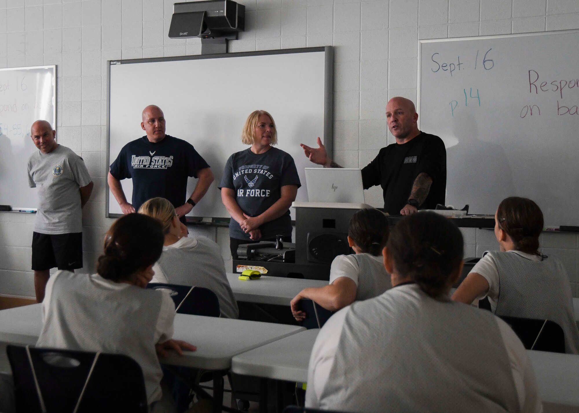 U.S. Air force chief caster sergeants, assigned to the Air National Guard Readiness Center, speak with cadets from the Mountaineer Challenge Academy at Camp Dawson, West Virginia, Sept. 14, 2019. The chiefs volunteered their time to meet with the MCA cadets in an effort to provide mentorship and education on the Air National Guard’s mission. (U.S. Air National Guard photo by Staff Sgt. Morgan R. Lipinski)