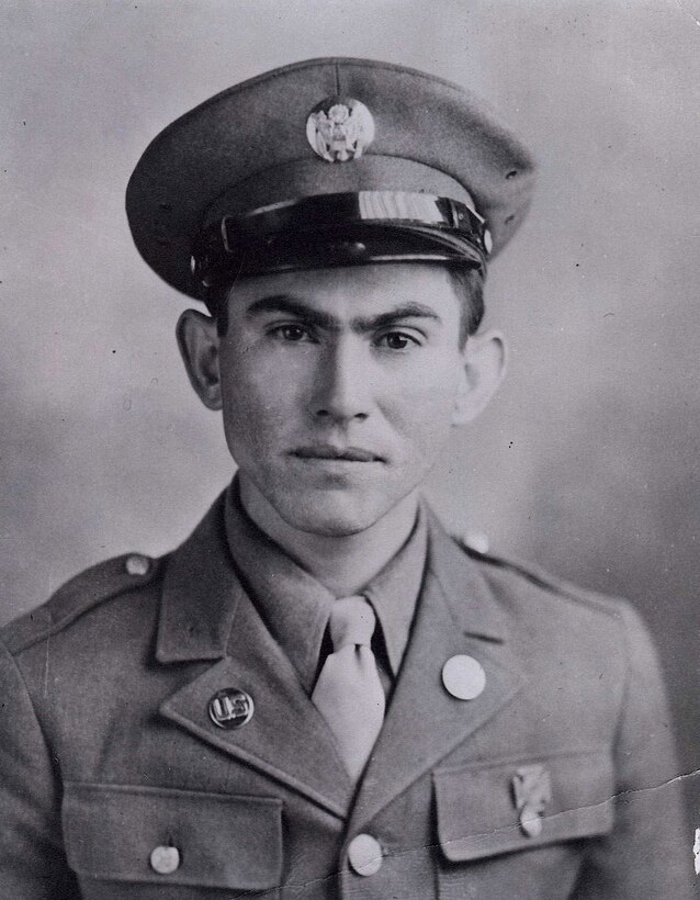 Black and white photo of Army Pvt.Pedro Cano in a World War II uniform.
