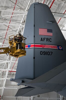 Each aircraft is adorned with the Air Force Reserve Command shield decal to designate the Air Force command that the aircraft is assigned to, as well as Youngstown Air Reserve Station's tail flash to designate aircraft's installation.