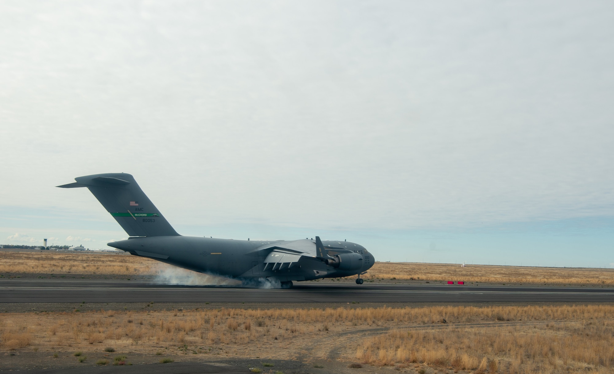 A C-17 Globemaster III comes in to land at Moses Lake Municipal Airport, Wash., Oct. 1, 2019. Two C-17s from McChord Field flew to Moses Lake to train Air Force pilots on a variety of aircraft landings and for Army Soldiers to test their long-range communication equipment. (U.S. Air Force photo by Senior Airman Tryphena Mayhugh)