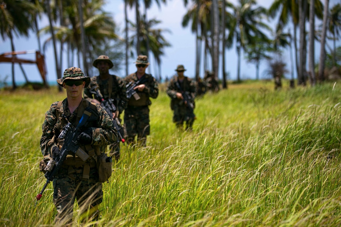 A group of Marines wail through tall grass.