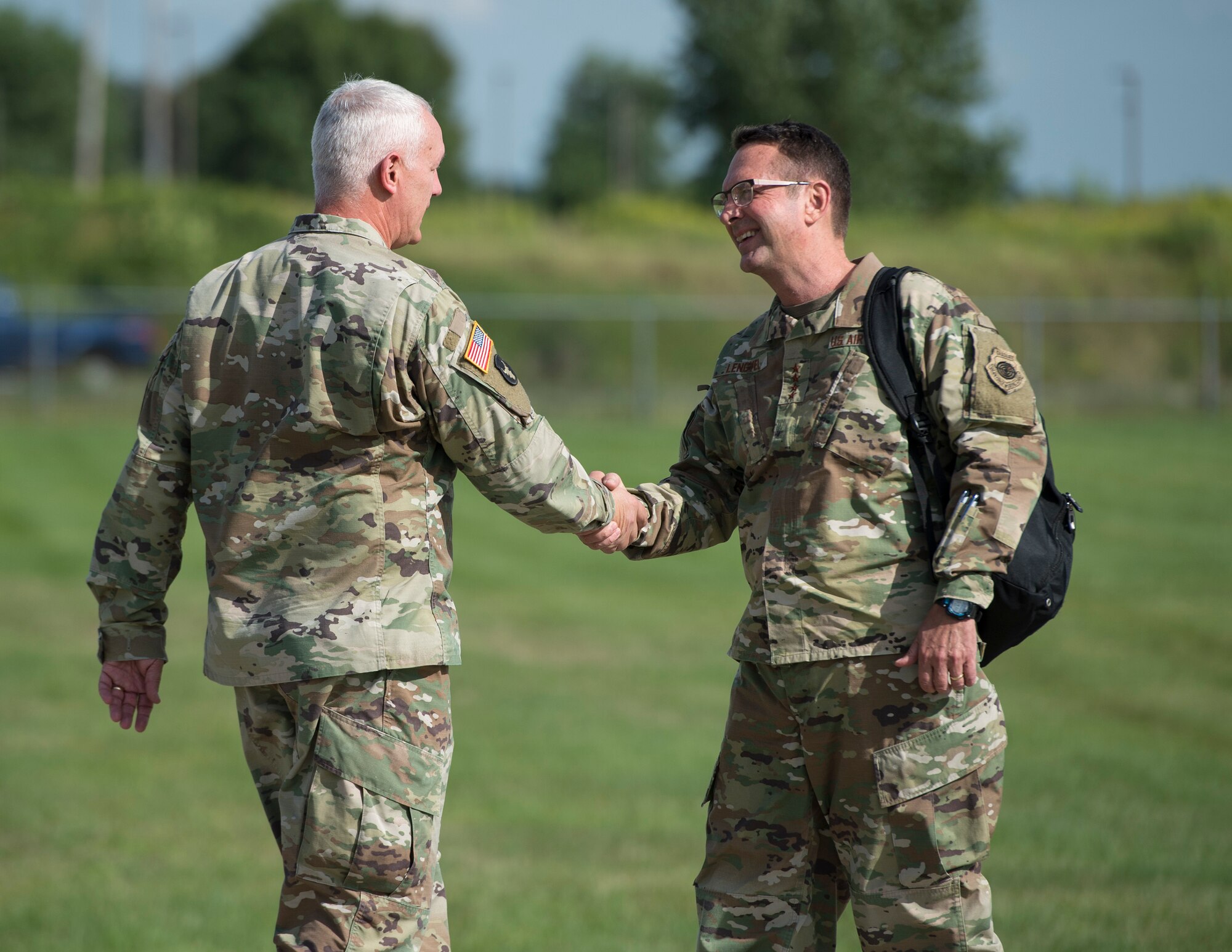 U.S. Army Maj. Gen. Jon Jensen, The Adjutant General, Minnesota National Guard, welcomes U.S. Air Force Gen. Joseph L. Lengyel, chief, National Guard Bureau, to Minnesota in St. Paul, Minn., Aug. 21, 2019.