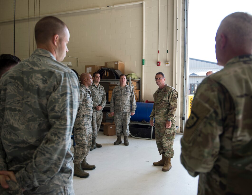 U.S. Air Force Gen. Joseph L. Lengyel, chief, National Guard Bureau, speaks to members from the 133rd Maintenance Group in St. Paul, Minn., Aug. 21, 2019.