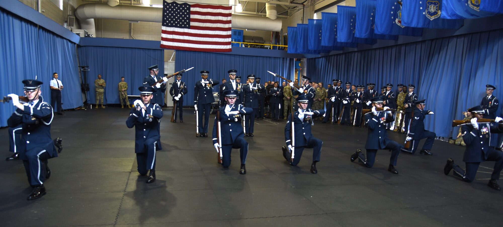 Members of the U. S. Air Force Honor Guard Firing Party conduct a drill requiring utmost precision during an immersion tour for Air Force District of Washington leadership Oct. 1.