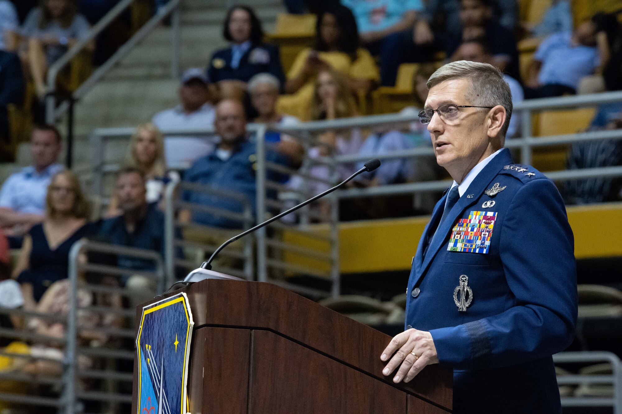 Gen. Tim Ray, Air Force Global Strike Command commander, speaks to new officers from Air University’s Officer Training School “Godzilla” class 19-07 during an awards ceremony at the Alabama State University Acadome, Montgomery, Ala., Sept. 26, 2019. Volunteers attending OTS spend their days in physical training, classroom instruction, leadership mentoring and more on their way to gaining their commission as officers within the Air Force.