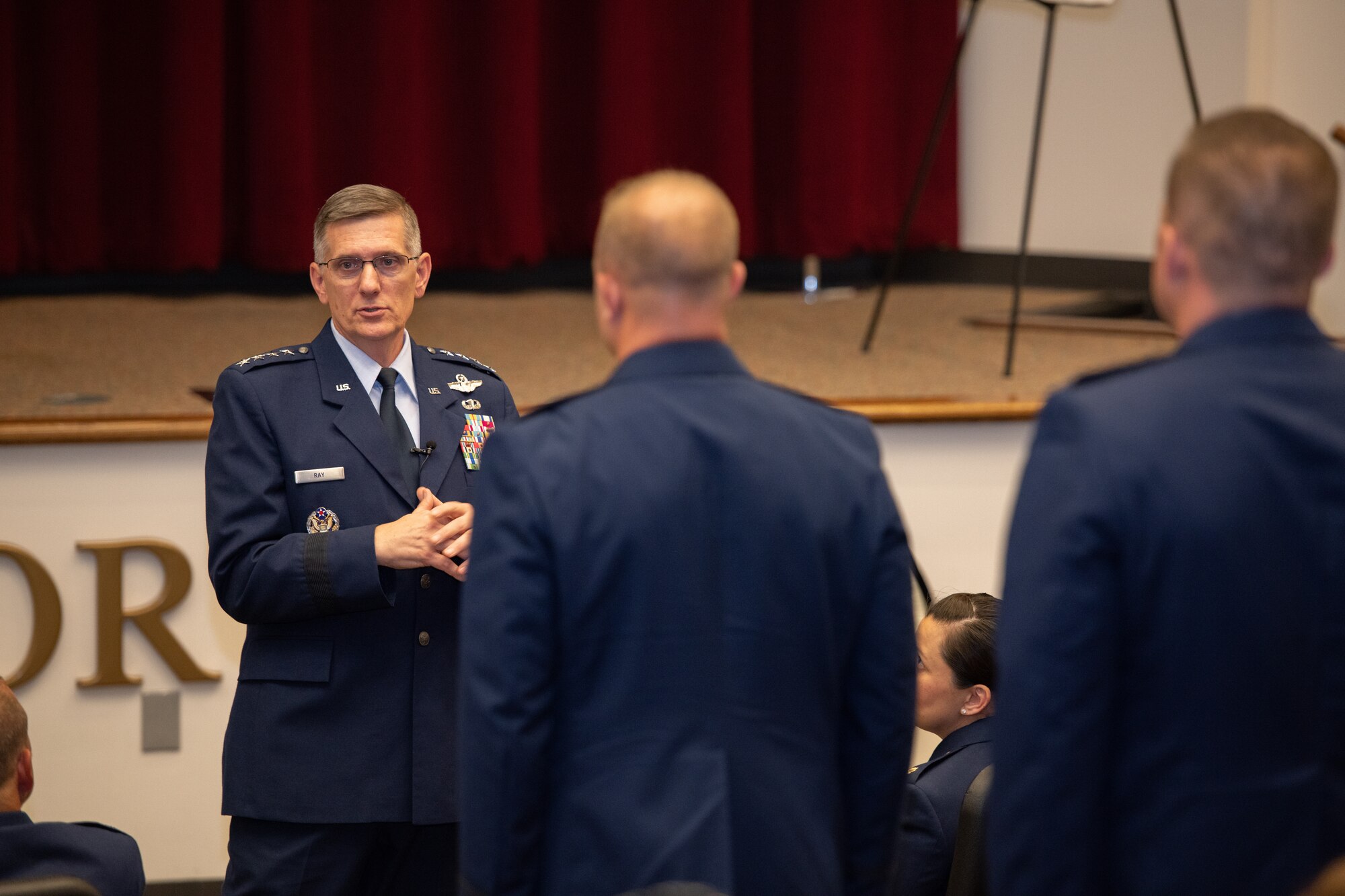 Gen. Tim Ray, Air Force Global Strike Command commander, speaks with members of Officer Training School’s “Godzilla” class 19-07 during a commissioning ceremony Sept. 27, 2019, at Maxwell Air Force Base, Ala. Class 19-07, dubbed internally as “Godzilla,” started with more than 800 officer trainees, effectively double the average class size.