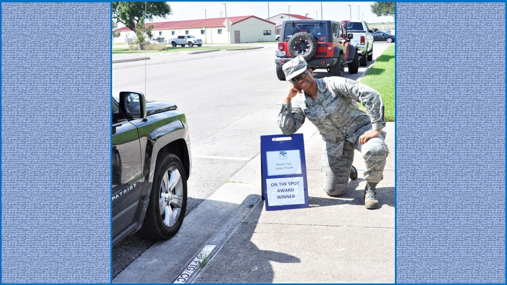 Master Sgt. Aisha Woods, 340th Flying Training Group Career Advisor --  the September 340th FTG Sept. On-the-Spot Award winner, settles into the commander's parking slot following her selection. Kudos Sergeant Woods! (U.S. Air Force photo by Janis El Shabazz)