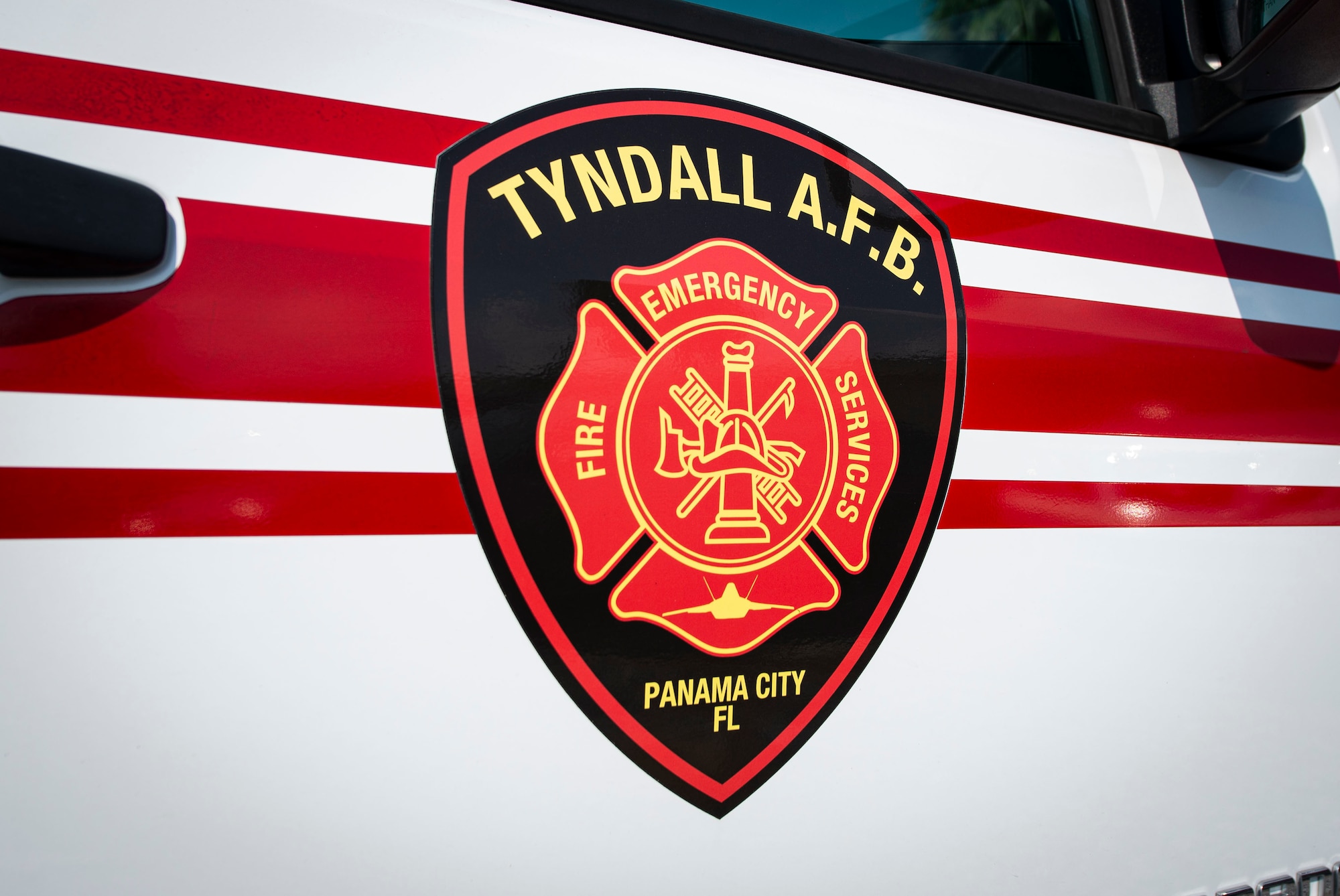 A Tyndall Air Force Base Fire Emergency Services vehicle sits parked in preparation for Fire Prevention Week Oct. 1, 2019 on base. Fire Prevention Week is a national observance which works to raise public awareness of fire and home safety. (U.S. Air Force photo by Airman 1st Class Bailee A. Darbasie)