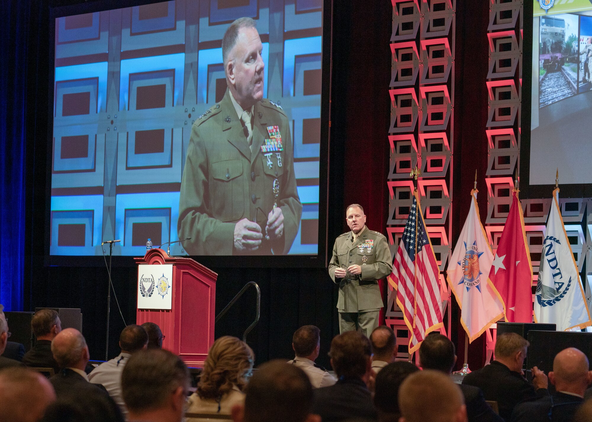 Former U.S. Transportation Command Deputy Commander, U.S. Marine Corps Lt. Gen. John Broadmeadow, speaks at the 2018 National Defense Transportation Association-U.S. Transportation Command Fall Meeting, Gaylord Convention Center, National Harbor, Oxen Hill, Maryland.  The seventh-annual NDTA-USTRANSCOM Fall Meeting, occurring Oct. 7-10, 2019, Union Station, St. Louis, Missouri, features five keynote speakers including USTRANSCOM Commander U.S. Army General Stephen Lyons; U.S. Secretary of Transportation Elaine Chao; Assistant Secretary of Defense for Sustainment Robert McMahon; American Roll-On Roll-Off Carrier President and Chief Executive Officer Eric Ebeling; and FedEx Chief Economist Dr. Tim Mullaly. (Photo by Osmin Suguitan, USTRANSCOM/PA)