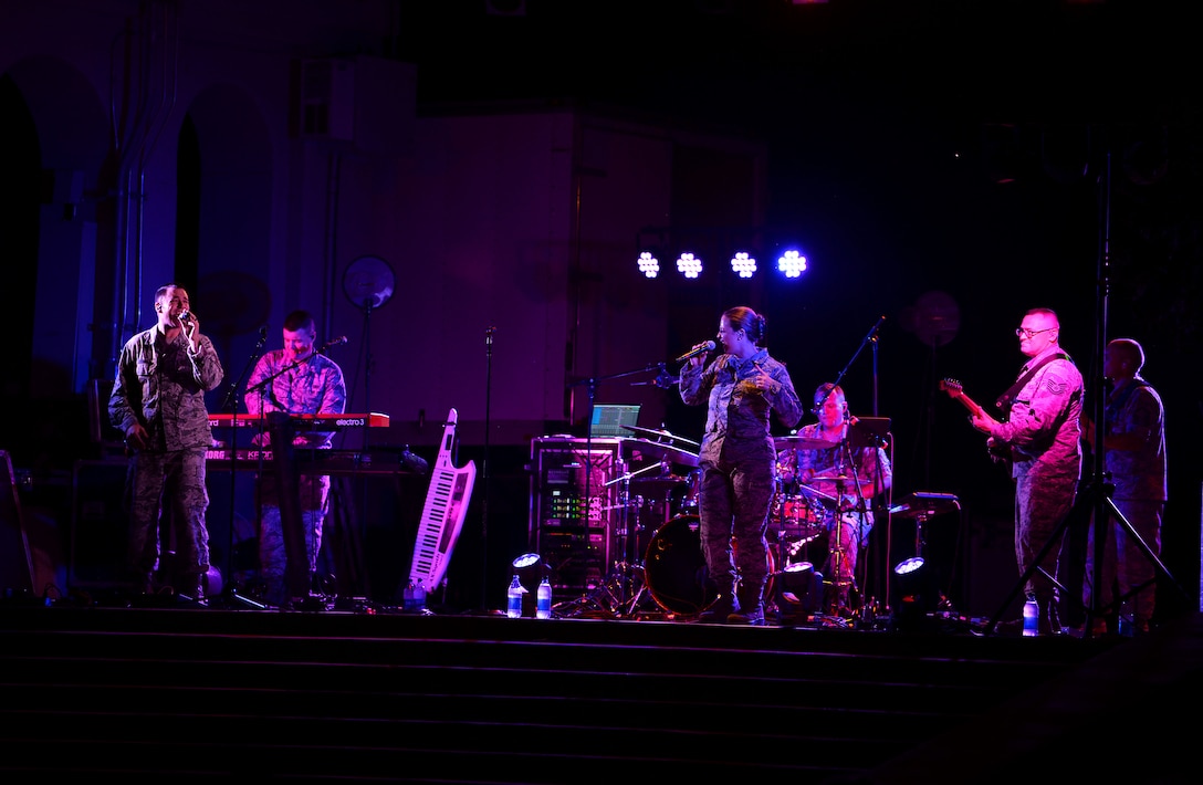 U.S. Air Force Band of the West’s Top Flight performs during the Top Flight concert at the Columbus Riverwalk Stage Sept. 27, 2019, in Columbus, Miss. Since 2006, Top Flight has deployed four times, boosting the morale of over 31,000 Joint U.S. and coalition warriors. (U.S. Air Force photo by Airman 1st Class Hannah Bean)