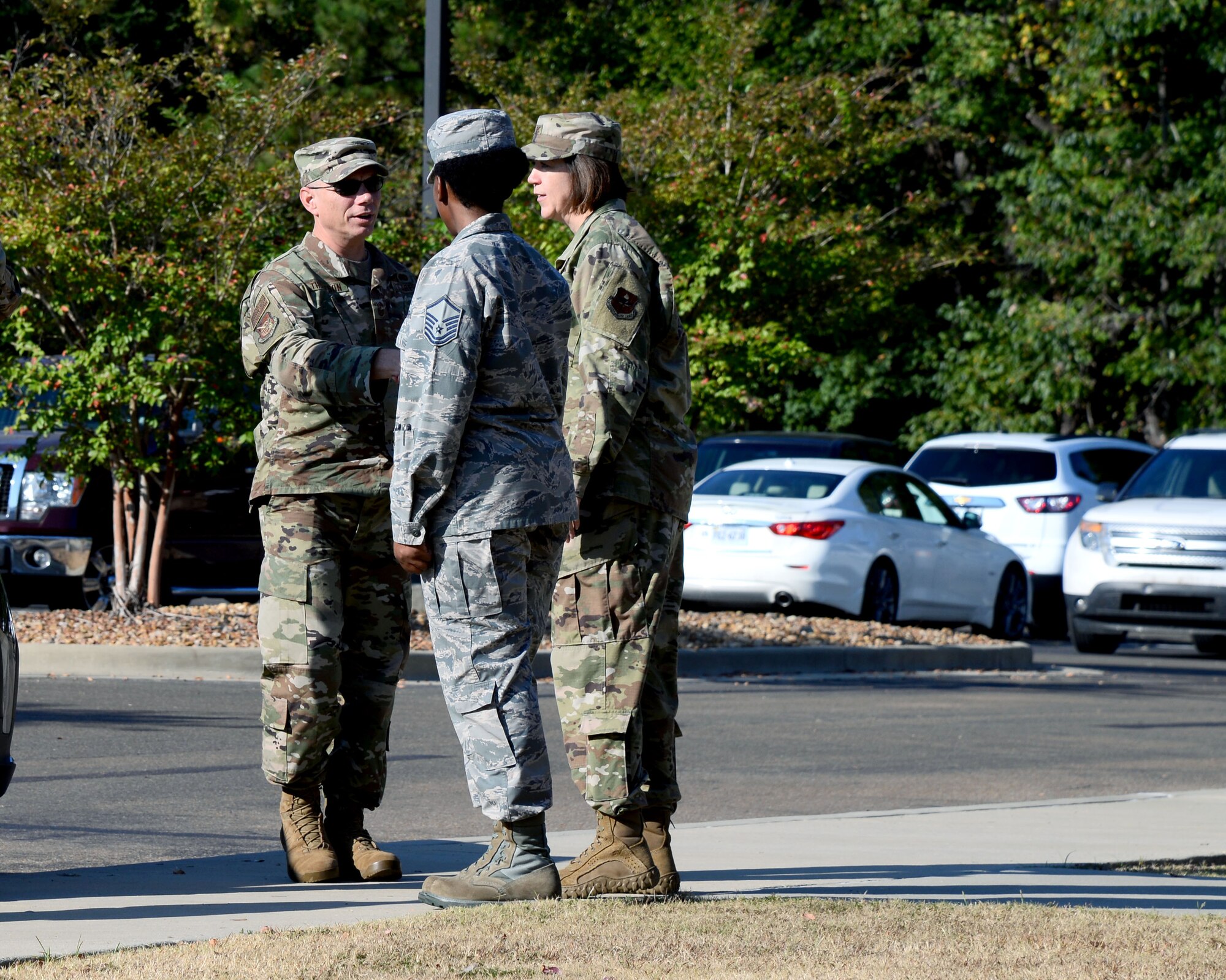 Airmen from the 14th Medical Group greet Chief Master Sgt. Erik Thompson, 19th Air Force command chief, at the Koritz Clinic Oct. 1, 2019, on Columbus Air Force Base, Miss. Thompson, along with Maj. Gen. Craig Wills, 19th AF commander, visited the base Sept. 30-Oct. 3 and spoke with key members of different squadrons about the innovative ways they are making the base and its systems better. (U.S. Air Force photo by Airman 1st Class Jake Jacobsen)