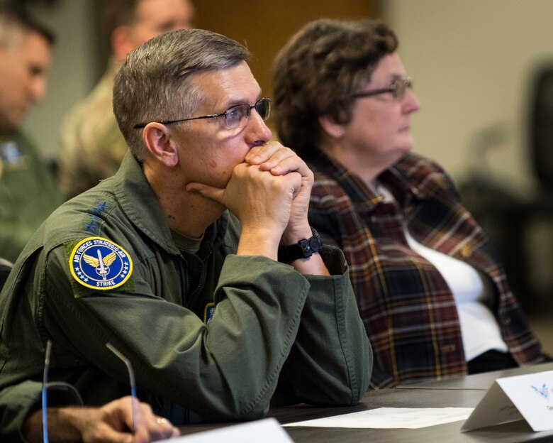 Gen. Tim Ray, Air Force Global Strike Command commander, receives a briefing on a Portfolio-level Digital Engineering Platform at the Cyber Innovation Center, Bossier City, Louisiana, Sept. 27, 2019. The presentation began with a briefing on the progress of the months-long project, leading into an interactive software demonstration showcasing digital tools with the potential to aggregate and analyze data sets, and make data more useful for decision makers. (U.S. Air Force photo by Airman 1st Class Lillian Miller)
