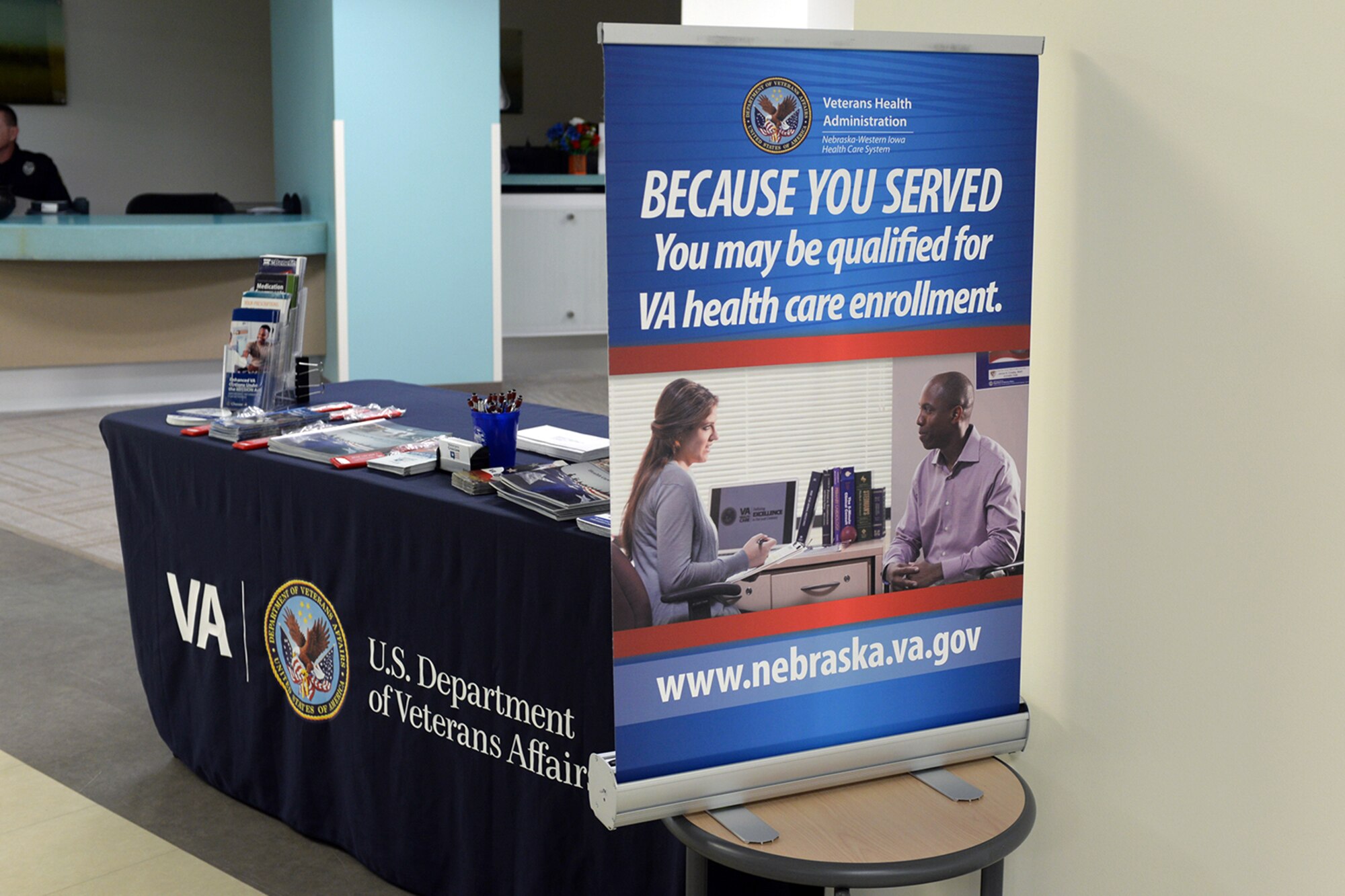 Display table and poster set up in the lobby of the medical group clinic, Offut Air Force Base.