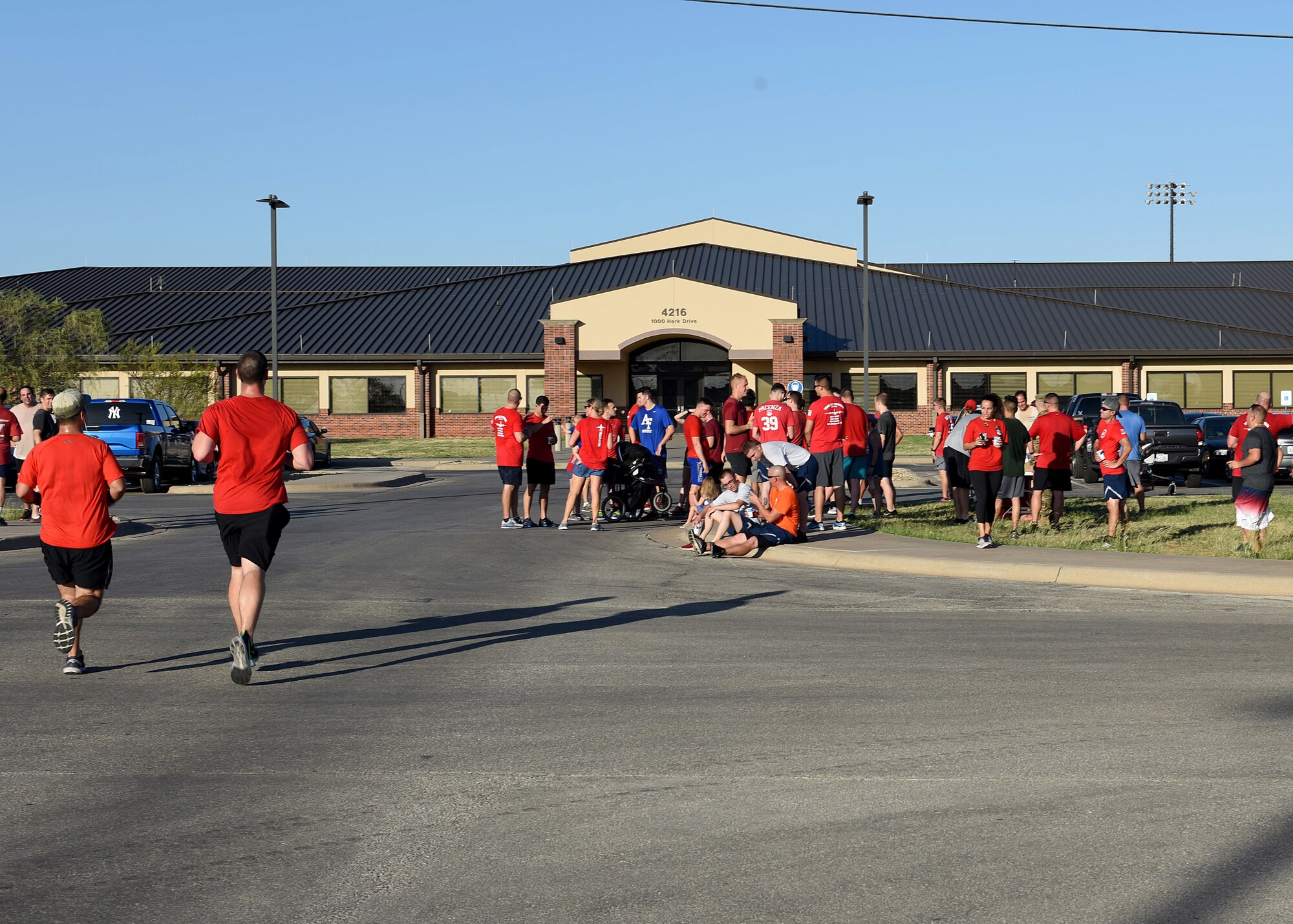 Airmen assigned to Dyess Air Force Base, Texas, finish their run in the TORQE 62 Memorial Run Oct. 2, 2019.