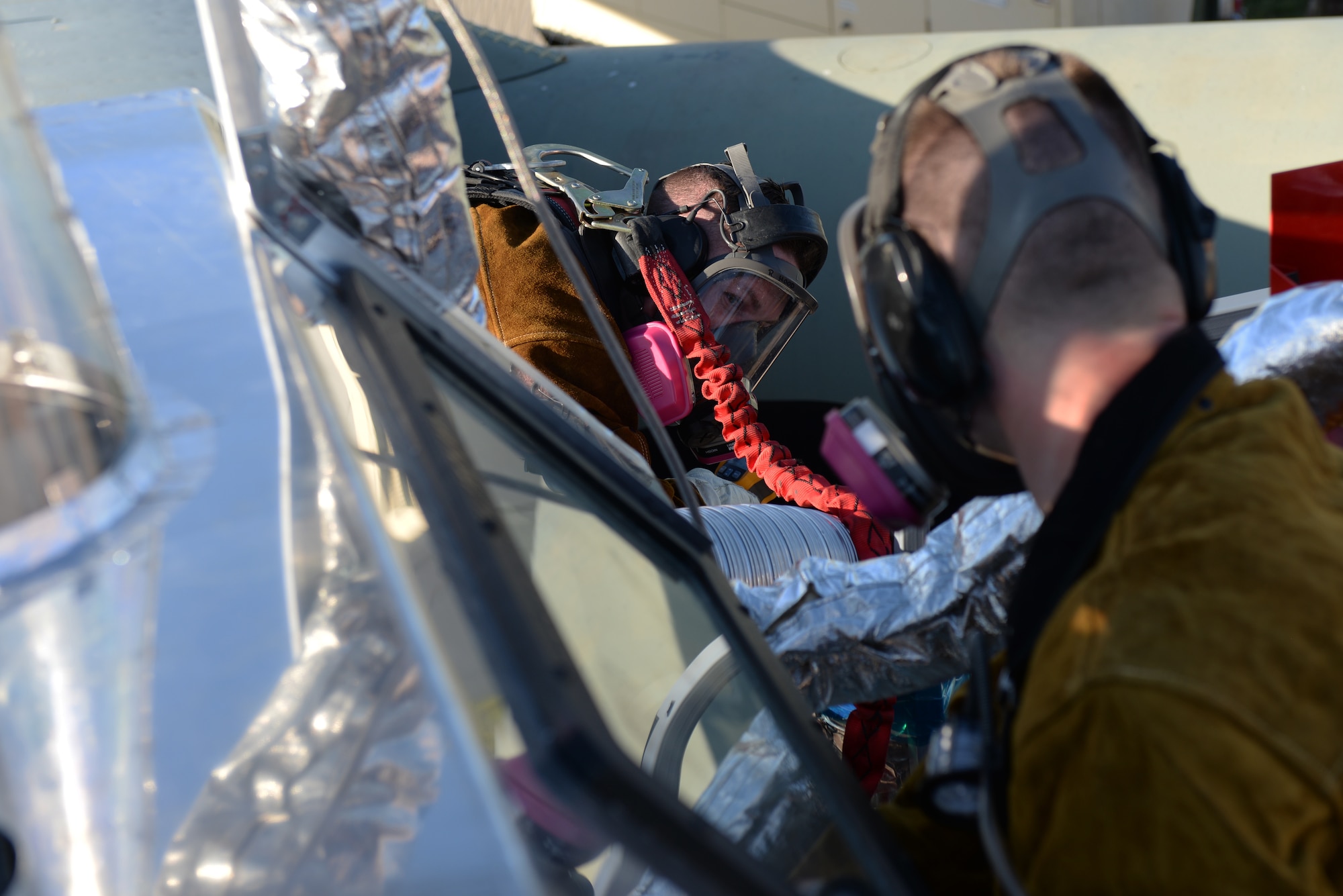 28th Maintenance Squadron Additive Manufacturing Rapid Repair Facility Airmen ready multiple gases being used for a Cold Spray repair at the South Dakota Air and Space Museum in Box Elder, S.D., Sept. 18, 2019. The GEN III High-Pressure Cold Spray unit uses helium gas to accelerate spherical aluminum particles to bond with the surface needing repaired.  (U.S. Air Force photo by Airman Quentin K. Marx)