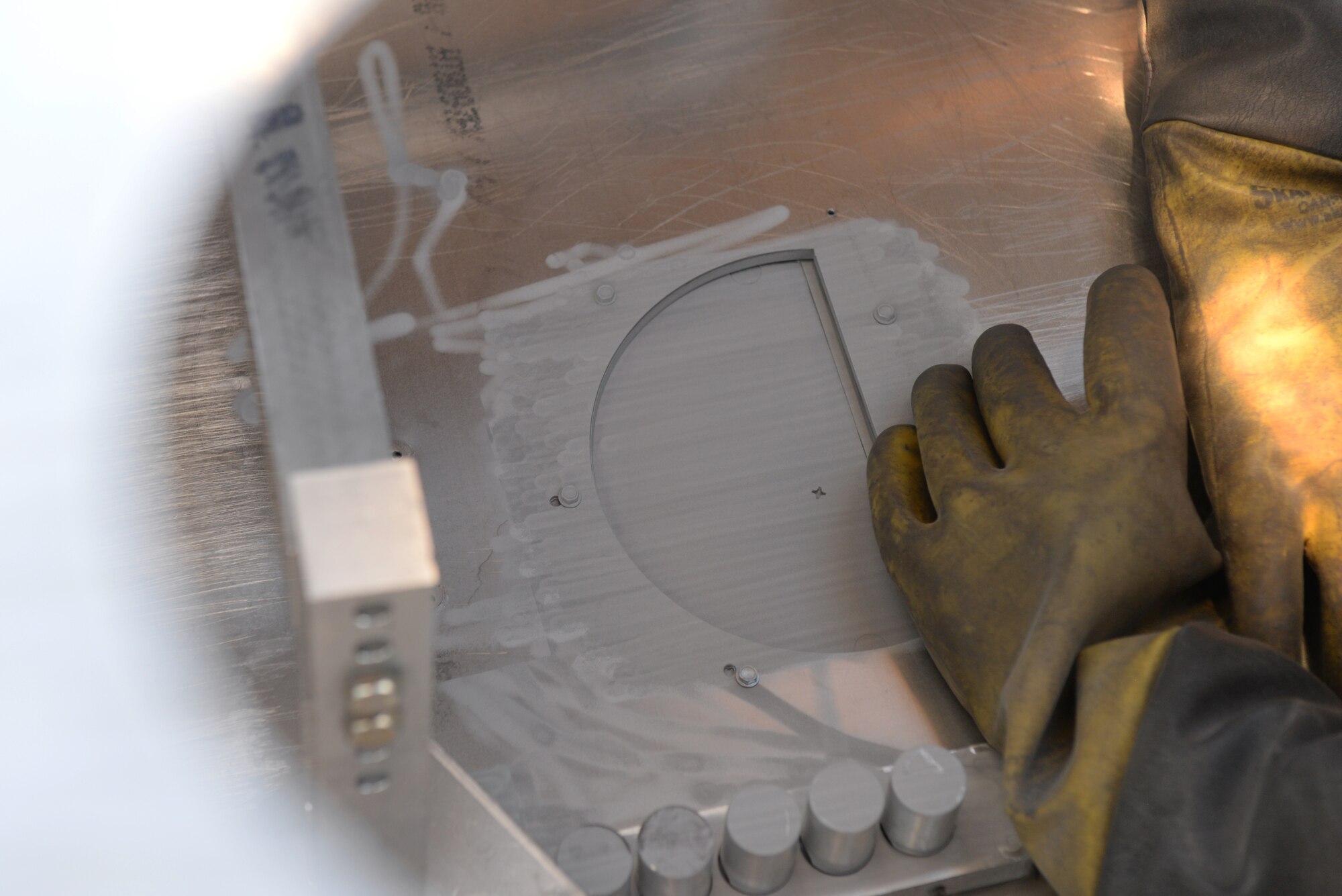 The 28th Maintenance Squadron Additive Manufacturing Rapid Repair Facility section conducted its first-ever Cold Spray repair on a B-52 Stratofortress static display at the South Dakota Air and Space Museum in Box Elder, S.D., Sept. 18, 2019. The Repair of the B-52 is meant to show the capabilities and possible future uses that Cold Spray can have for the Air Force.  (U.S. Air Force photo by Airman Quentin K. Marx)