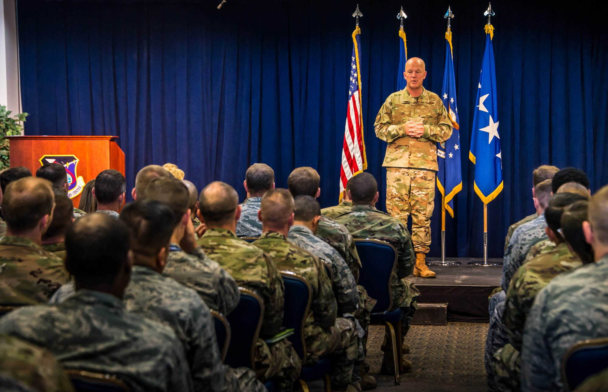 Gen. Jay Raymond, U.S. Space Command and Air Force Space Command commander, visits the Space and Missile Systems Center (SMC), Los Angeles Air Force Base, El Segundo, Calif., Oct. 1, 2019. Gen. Raymond spoke with Airmen about the recent standup of U.S. Space Command and the critical role SMC plays in speeding up the acquisition process and delivering space capabilities. 
(U.S. Air Force photo by Van De Ha)