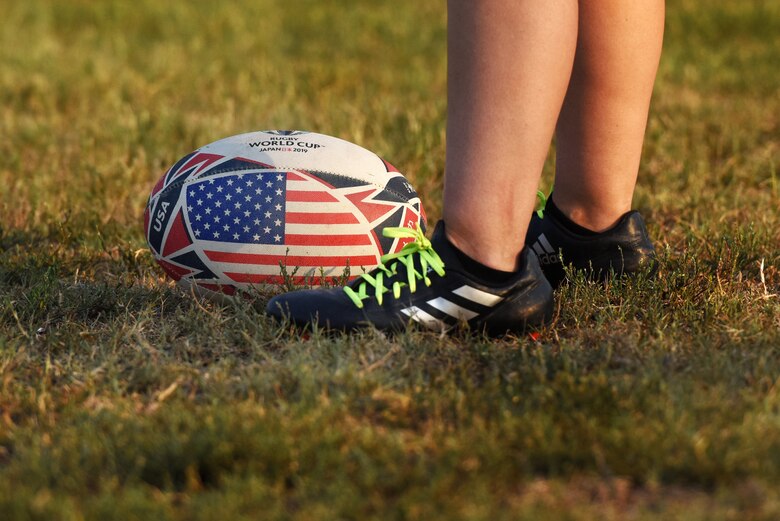 A ball rests in the grass during a rugby game Sept. 14, 2019, at Incirlik Air Base, Turkey. Rugby is considered to be one of the ancestor sports to American football. (U.S. Air Force Photo by Staff Sgt. Joshua Magbanua)