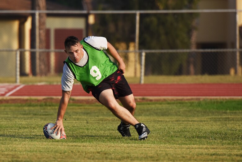 U.S. Air Force Staff Sgt. Spencer Johnson, 39th Security Forces Squadron non-commissioned officer in charge of electronic security systems, scores a field goal during a rugby game Sept. 14, 2019, at Incirlik Air Base, Turkey. Rugby football traces its roots to various ancient European ball games. (U.S. Air Force Photo by Staff Sgt. Joshua Magbanua)