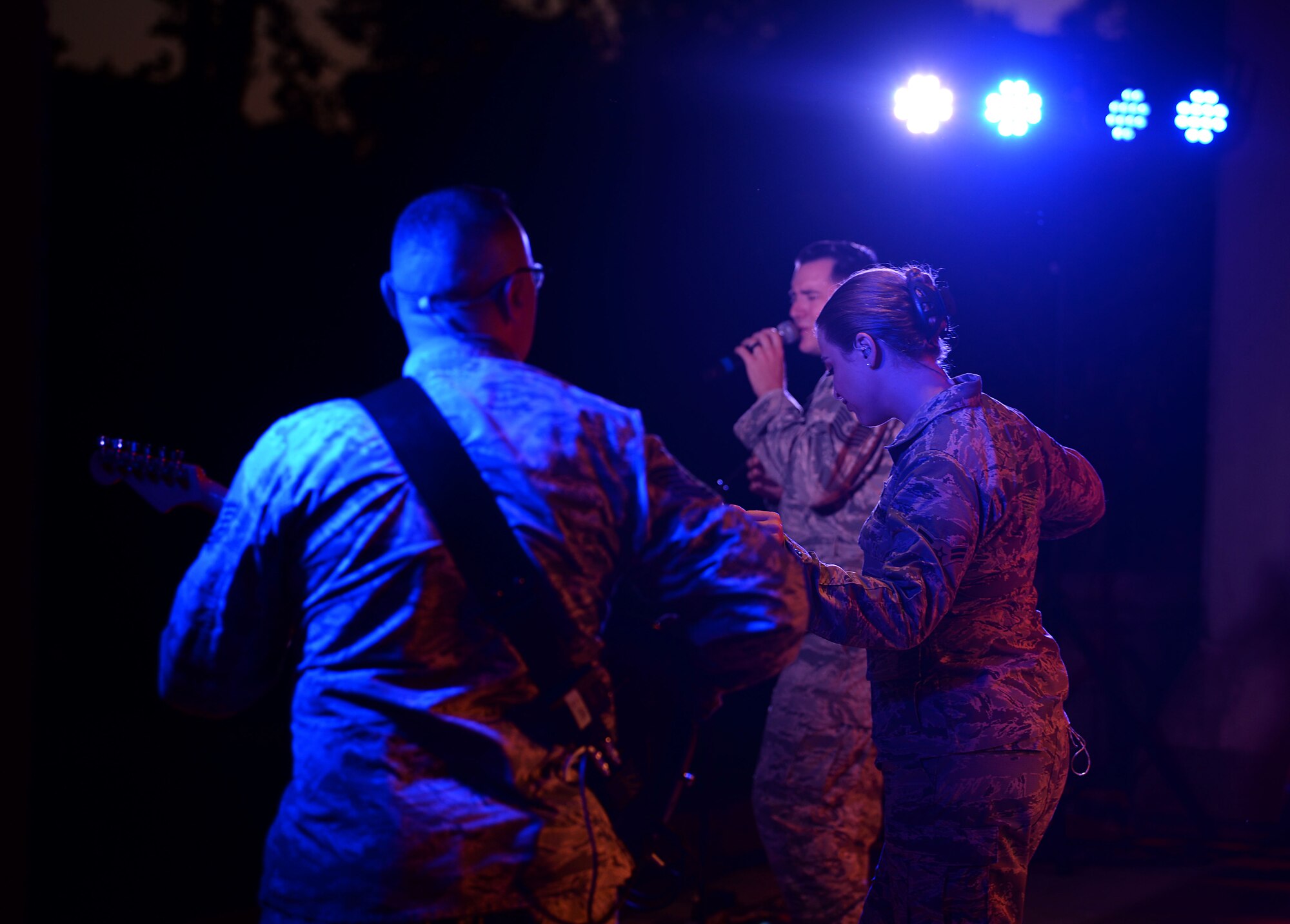 U.S. Air Force Band of the West’s Top Flight Airmen perform during the Top Flight concert at the Columbus Riverwalk Stage Sept. 27, 2019, in Columbus, Miss. In collaboration with The City of Columbus, The Mayor’s Office, Columbus Air Force Base, the Community Benefit Committee and Main Street Columbus, Top Flight performed a free of charge, open to the public concert with food and drink vendors provided on site. (U.S. Air Force photo by Airman 1st Class Hannah Bean)