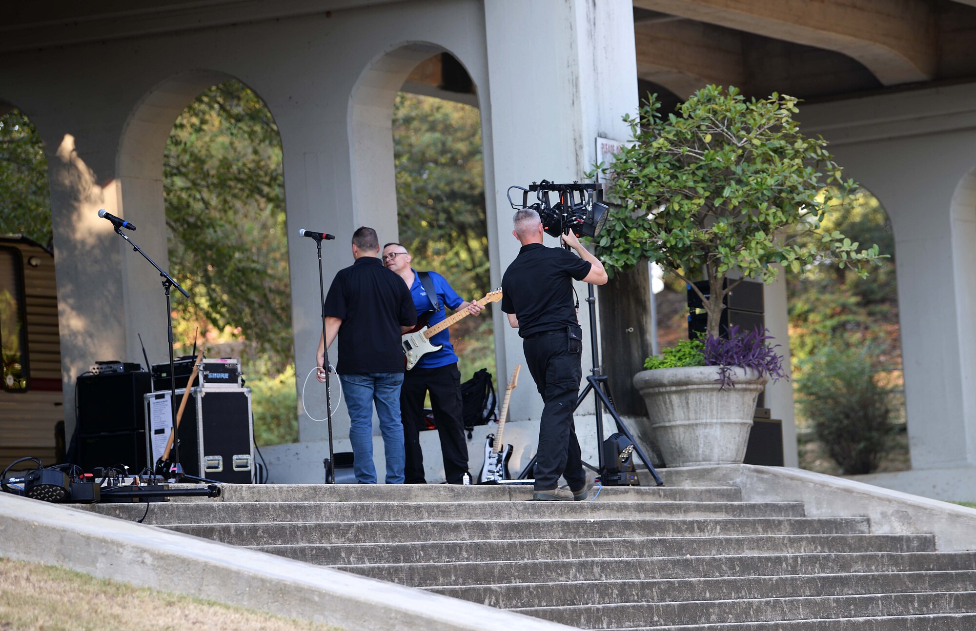 Master Sgt. Nick Wellman, U.S. Air Force Band of the West’s Top Flight audio engineer, finishes setting up the stage for the Top Flight concert at the Columbus Riverwalk Stage Sept. 27, 2019, in Columbus, Miss. Top Flight is the U.S. Air Force Band of the West’s response to America’s demand for classic rock ‘n’ roll, R&B, country, and current pop music heard on top 40’s radio stations. (U.S. Air Force photo by Airman 1st Class Hannah Bean)