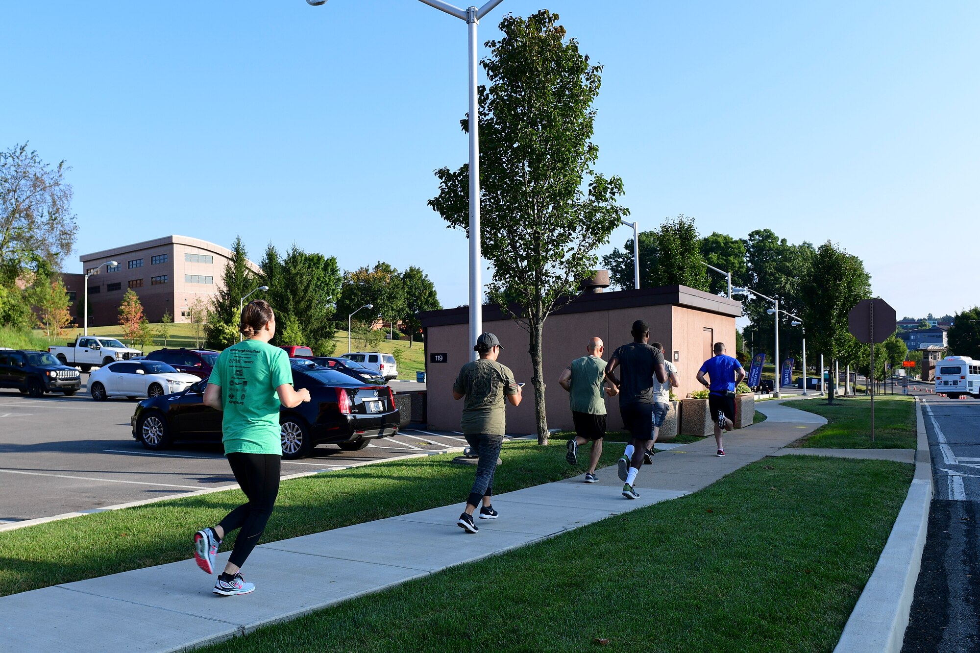 Members of the 911th Airlift Wing participate in a 3K fun run at the Pittsburgh International Airport Air Reserve Station, Pennsylvania, September 7, 2019. The 3K kicked off the base's annual Diamond Day, an morale event put on by the base's first sergeants. (U.S. Air Force photo by Staff Sgt. Beth Kobily)