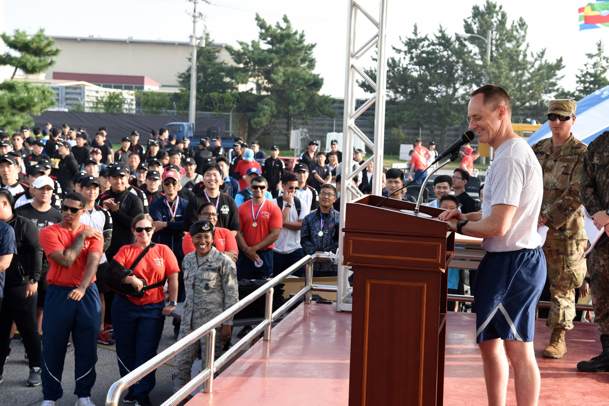 U.S. Air Force Col. Tad Clark, 8th Fighter Wing commander, provides closing remarks for Friendship Day at Kunsan Air Base, Republic of Korea, Oct. 4, 2019. During Friendship Day, the 8th FW and Republic of Korea Air Force 38th Fighter Group competed in a series of events including golf, soccer and basketball. (U.S. Air Force photo by Staff Sgt. Joshua Edwards)