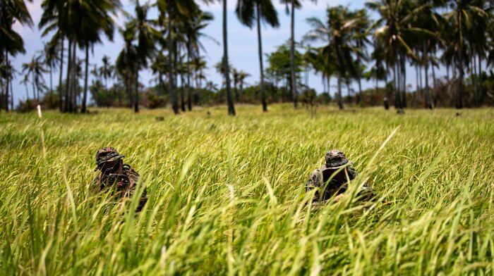 BLUE BEACH, Malaysia (Oct. 3, 2019) U.S. Marines with 2nd Battalion, 2nd Marine Regiment, currently assigned to 3rd Marine Division, demonstrate how they conduct an ambush to the members of the Malaysian Armed Forces (MAF) during Tiger Strike 2019. Tiger Strike 19 focuses on strengthening joint military interoperability and on increasing readiness by practicing for humanitarian assistance, disaster relief, amphibious and jungle warfare operations, all while fostering cultural exchanges between the MAF and the U.S. Navy, Marine Corps team. (U.S. Marine Corps photo by Lance Cpl. Christine Phelps)