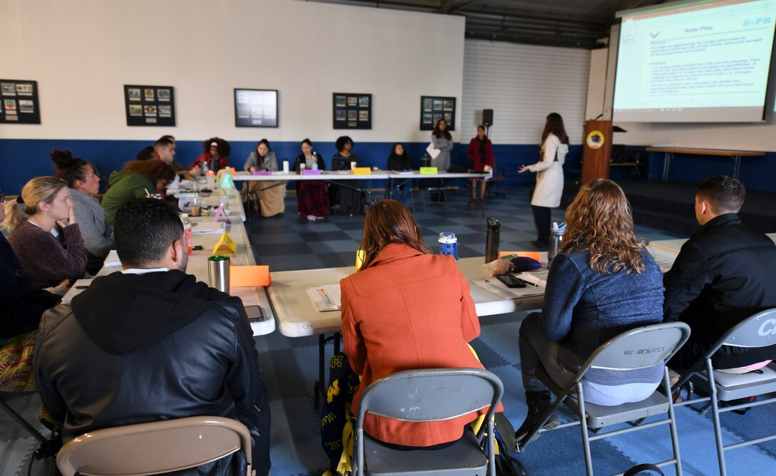Volunteer victim advocates-in-training study sexual assault response techniques at Ramstein Air Base, Germany, Oct. 4, 2019. The 86th Airlift Wing Sexual Assault Prevention and Response office trains VVAs to be an assault-victim’s go-to resource to help them through the process of reporting a sexual assault, and answering all questions along the way.
