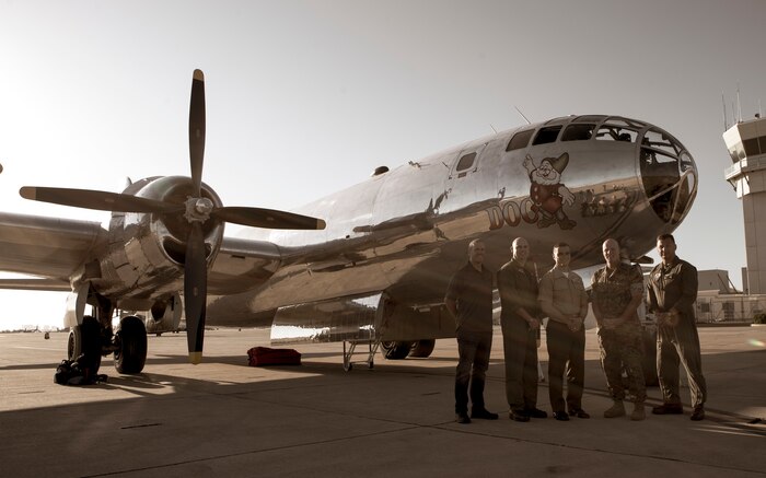 Col. Charles Dockery, commanding officer of Marine Corps Air Station Miramar, and family join the B-29 Superfortress ‘Doc’ crew for an exclusive tour at MCAS Miramar Calif, Oct. 2. The ‘Doc’ is one of the two B-29’s that are still capable of flying today and it departed MCAS Miramar on Oct. 3 after being used as a static display during the 2019 MCAS Miramar Air Show.
