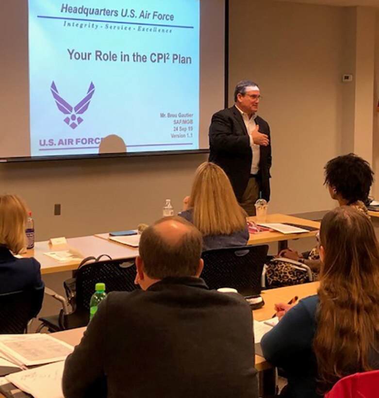 Brou Gautier, Chief, Air Force Continuous Process Improvement Division, discussed with attendees how to improve skill, how important it is to be involved in mentorship and where the future is headed for AFMC and the Air Force at Wright-Patterson Air Force Base, October 4 2019.  (U.S. Air Force photo)