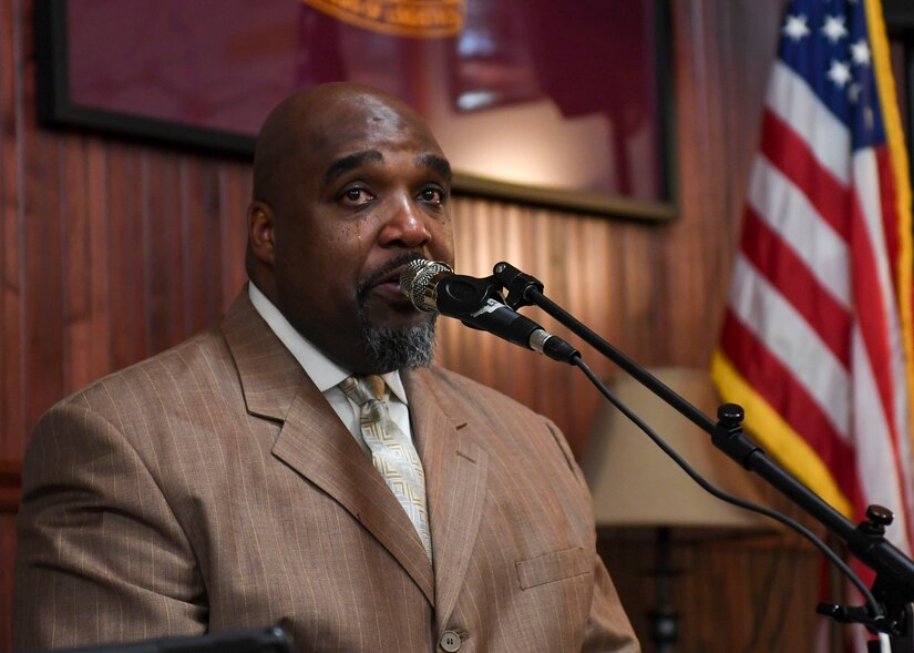 Retired U.S. Army Staff Sgt. Ron Henry, U.S. Army Casualty Assistance memorial affairs coordinator, sings during the Gold Star Mothers and Families Day luncheon at Joint Base Langley-Eustis, Virginia, Sept. 29, 2019.